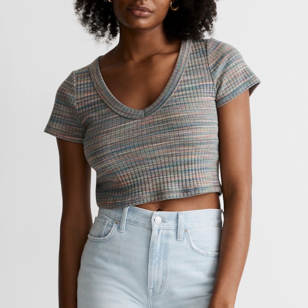 Madewell Space-Dye Ribbed V-Neck Crop Top in Heathered Pastels